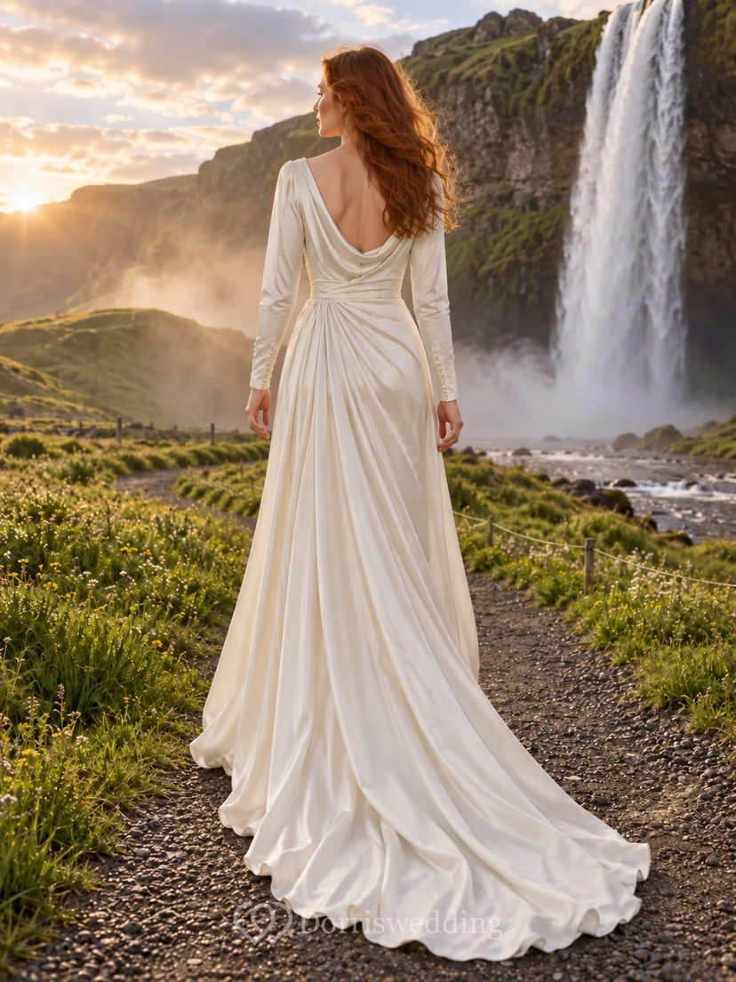 Sencillo vestido de novia de charmeuse con mangas largas, cuello drapeado, cintura fruncida y drapeado lateral. view 2