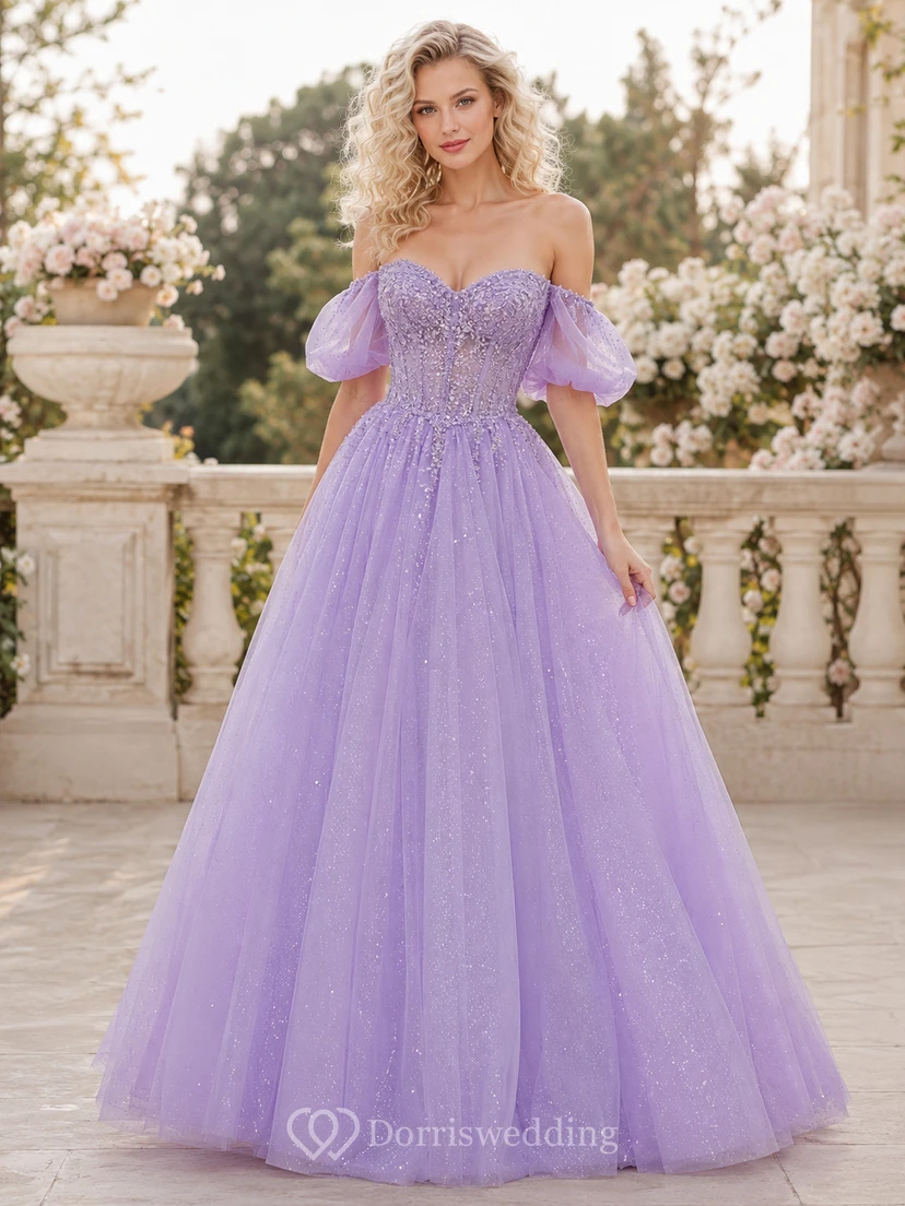 Vestido de gala largo hasta el suelo, romántico, formal, de tul con cuentas, escote Bardot y mangas abullonadas, color lila-niebla lavanda.