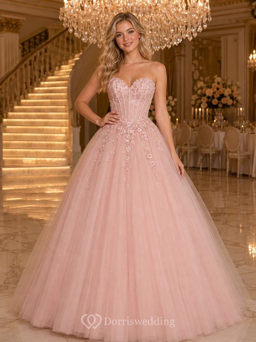 Vestido de quinceañera de gala sin tirantes con apliques de tul color rosa empolvado