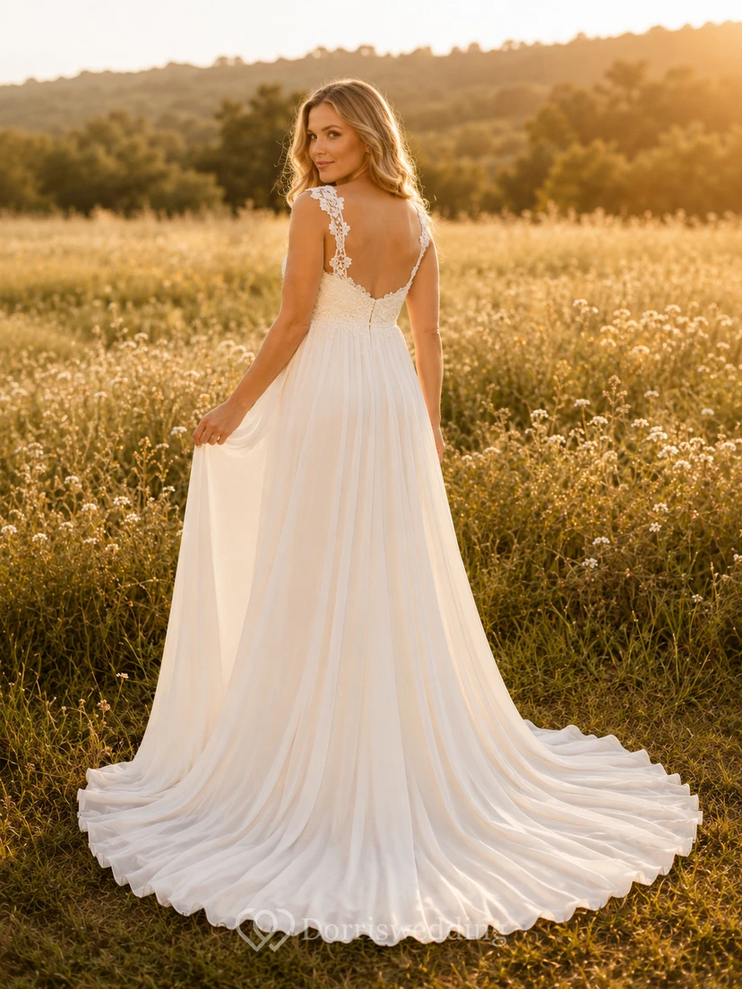 Maternity Wedding Dress Spaghetti Strap Lace Bodice A-Line Country Bridal Gown with Train view 2