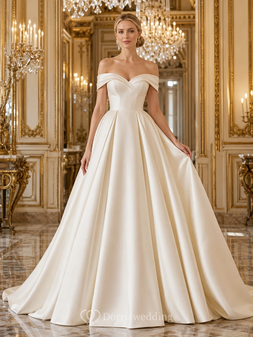 Off Shoulder Satin Pleated Ball Gown Wedding Dress