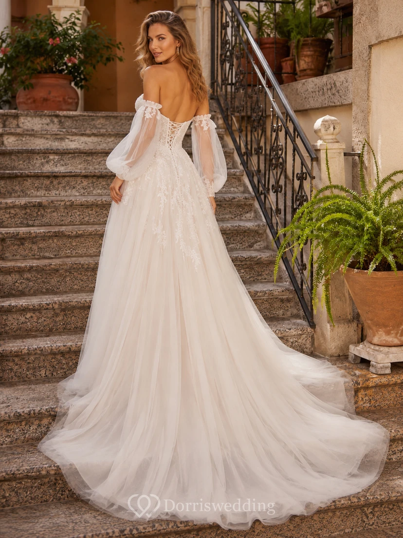 Romantisches schulterfreies A-Linien-Brautkleid mit langen Puffärmeln aus Spitze view 2