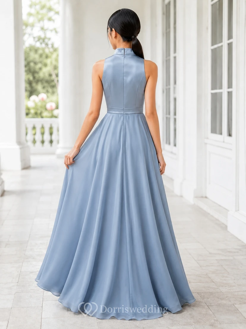 Stahlblaues Brautjungfernkleid für junge Damen, A-Linie, hoher Kragen, ärmellos view 2