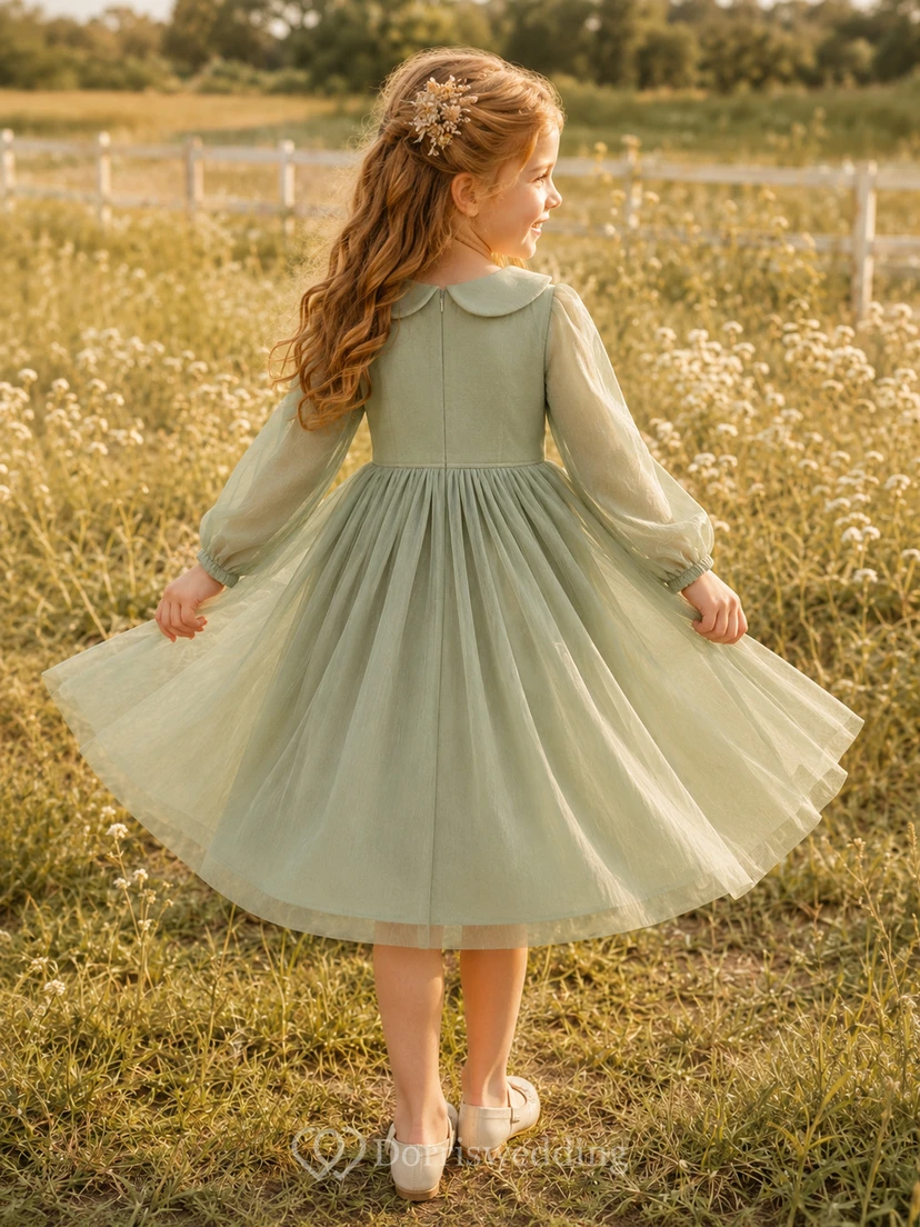 Salbeigrünes Vintage-Kleid in Teelänge, A-Linie, Tüll, lange Ärmel, Puffärmel, Blumenmädchen-Gartenkleid view 2