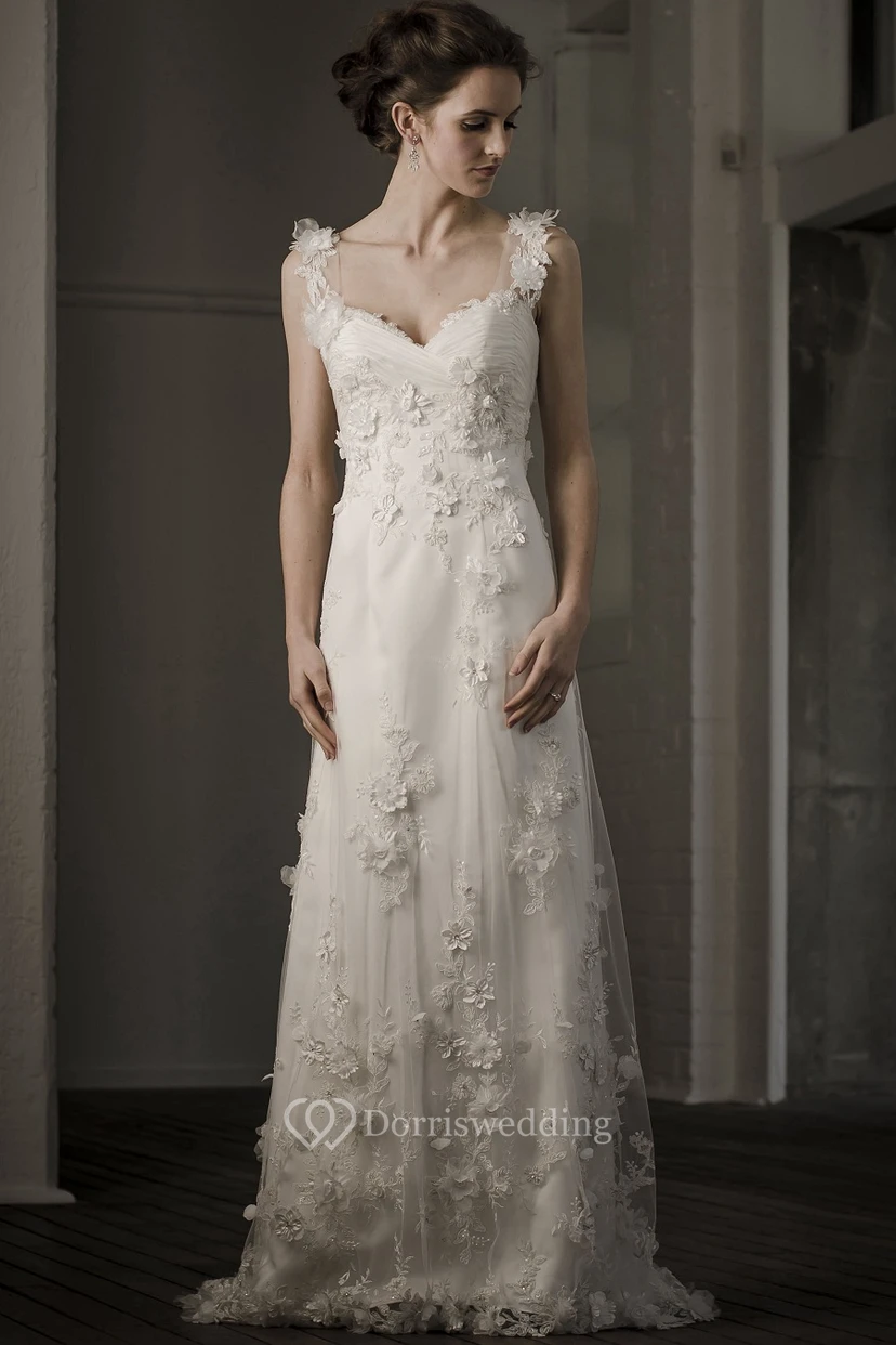 Sheath V-Neck Floor-Length Sleeveless Floral Wedding Dress With Appliques view 2