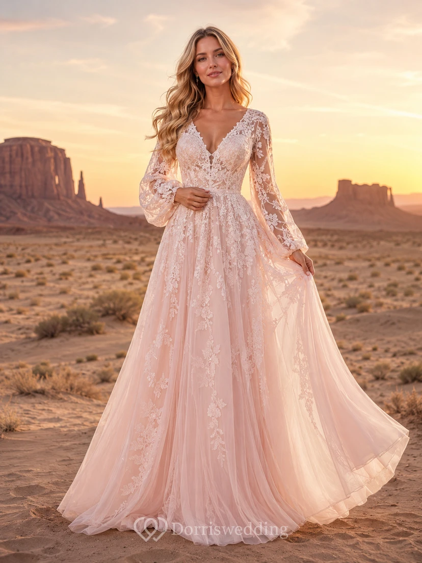 Blush Boho V-Neck Bishop Sleeve Lace Desert Bridal Gown