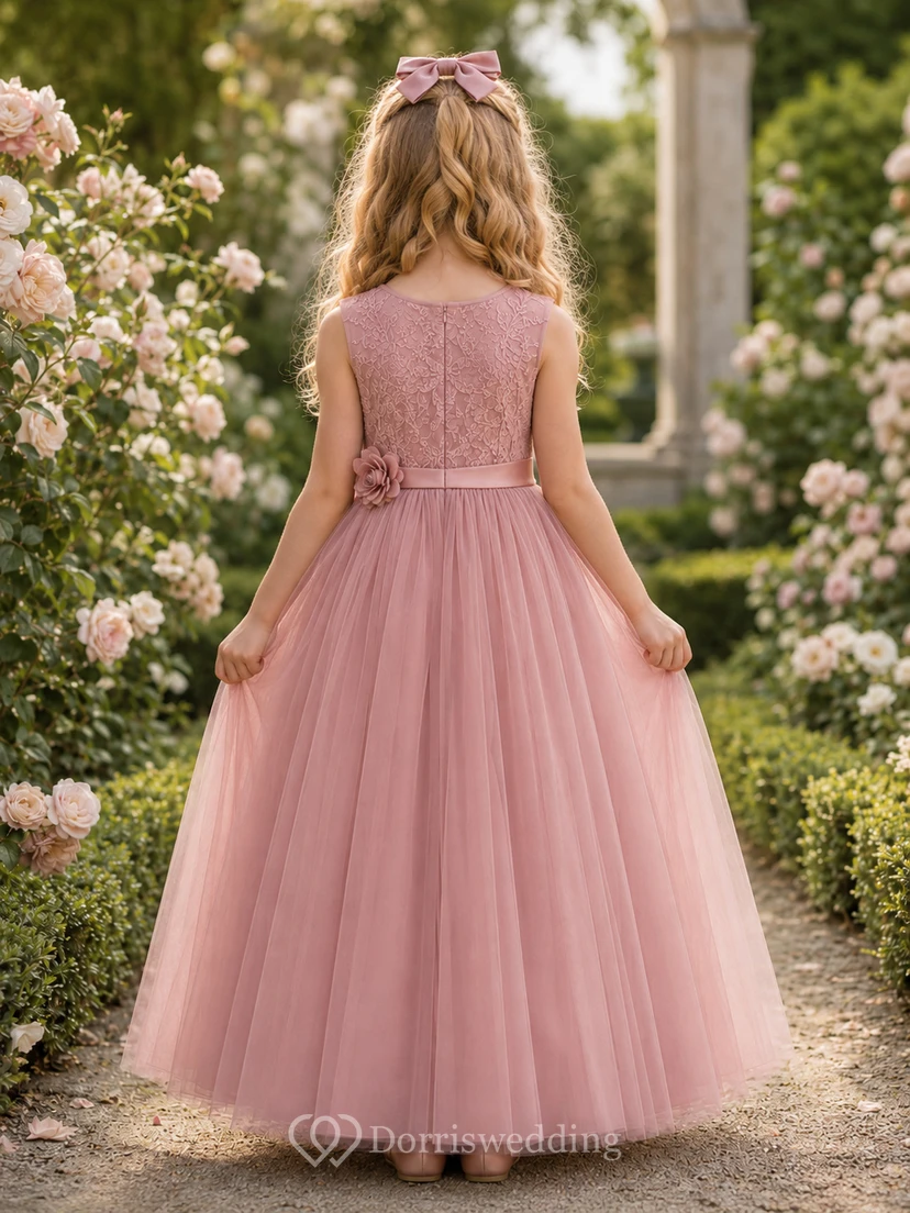 Flower Girl Dress Dusty Rose Lace Tulle A-Line Jewel Neck Floor Length view 2