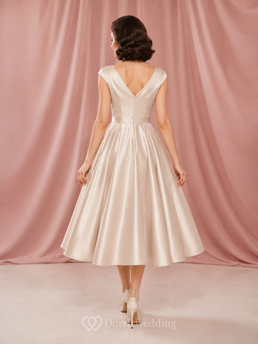 Champagne V Neck Cap Sleeve Satin Tea Length Wedding Dress view 2