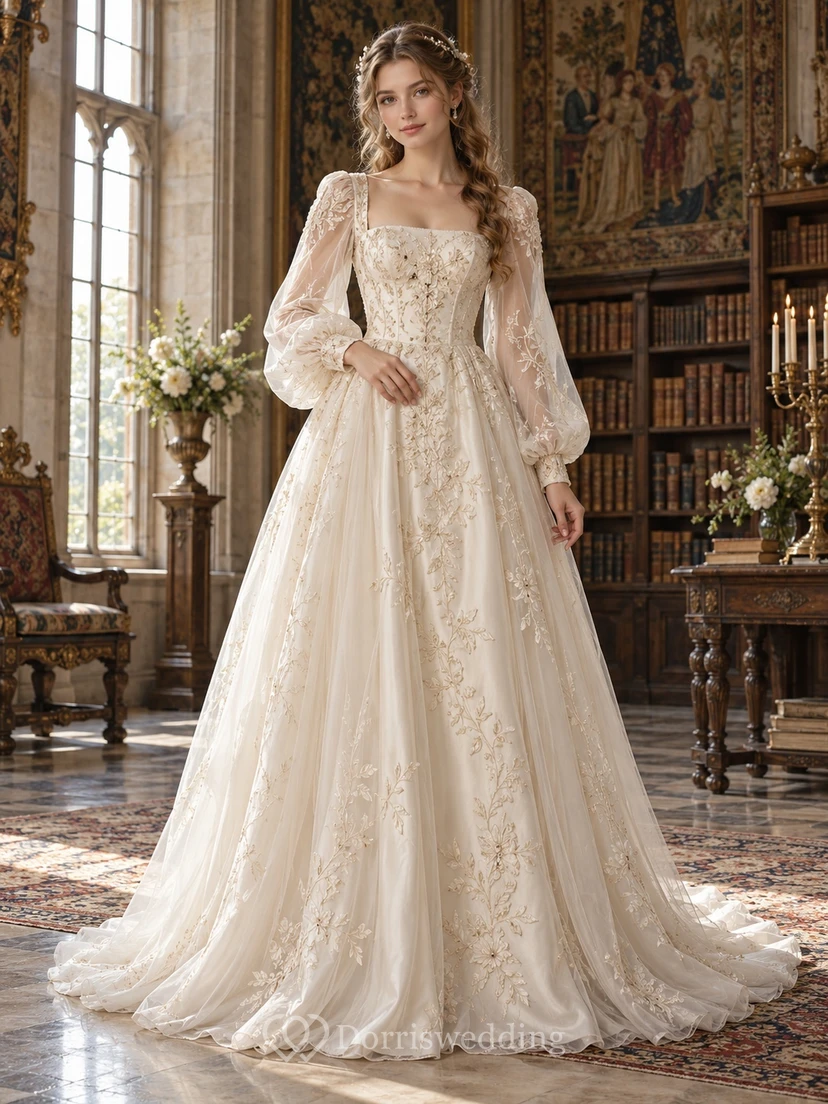 Vintage Renaissance Square Neck Long Poet Sleeve Lace Wedding Dress