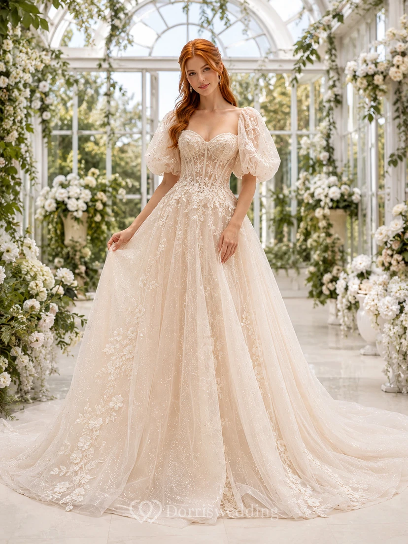 Vestido de novia de encaje y tul, corte en A, escote redondo, manga corta, cola de capilla.