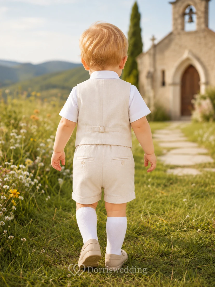 Landhausstil Elfenbein Kurzarm-Knopfweste Baby-Tauf-Shorts-Set view 2
