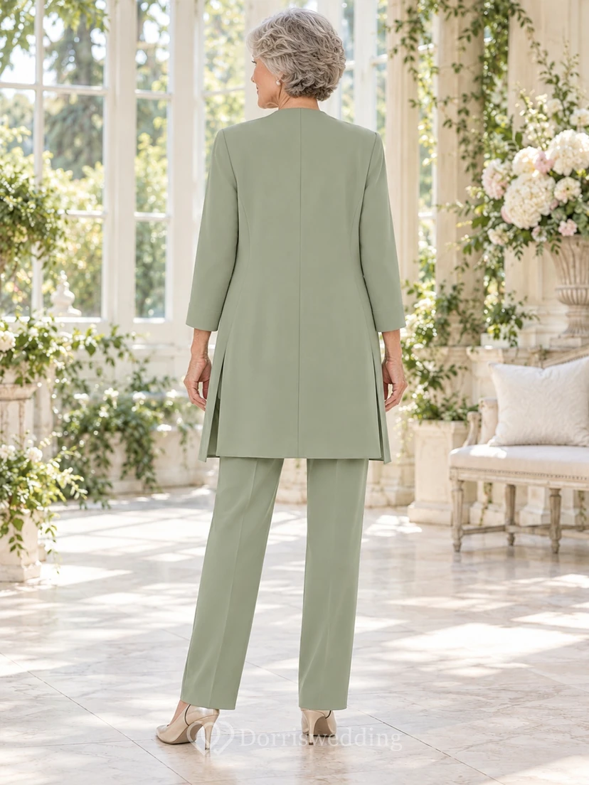 Simple Modest Sage Three-quarter Sleeve Long Jacket Mother Pantsuit view 2