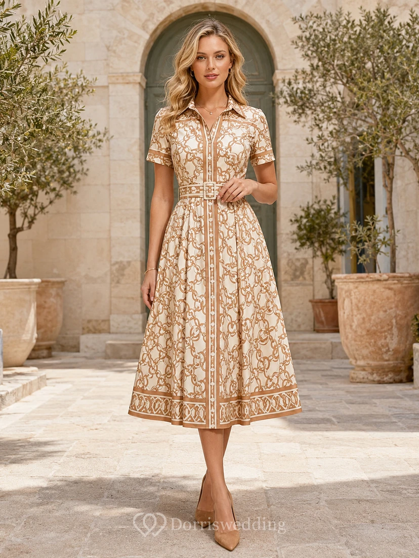 Beige Monogram Inspired Shirt Collar Belted Midi Dress