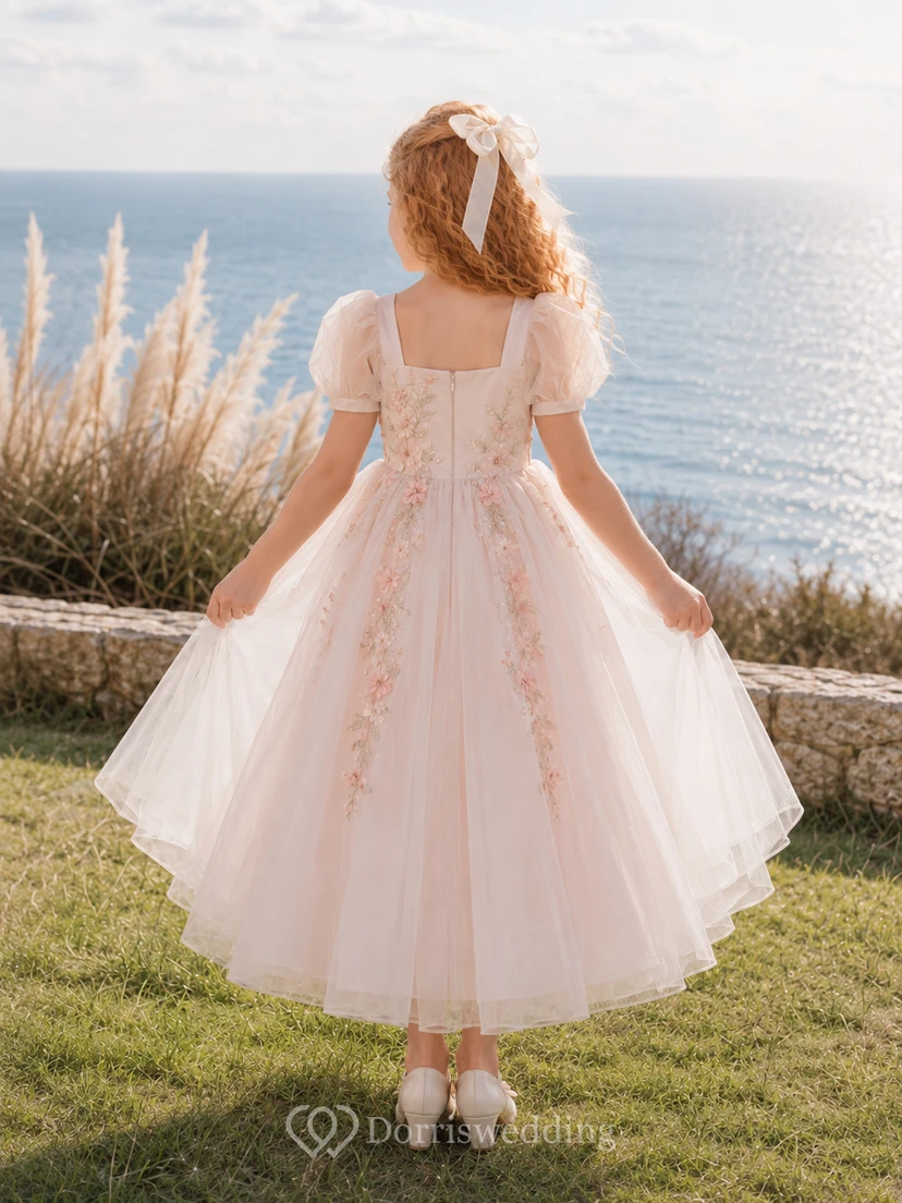 A-Line Flowergirl Lace Tulle Floor-Length Puff Sleeve Pink Coastal Cliff Wedding Dress with Floral Appliques and Bow Back view 2