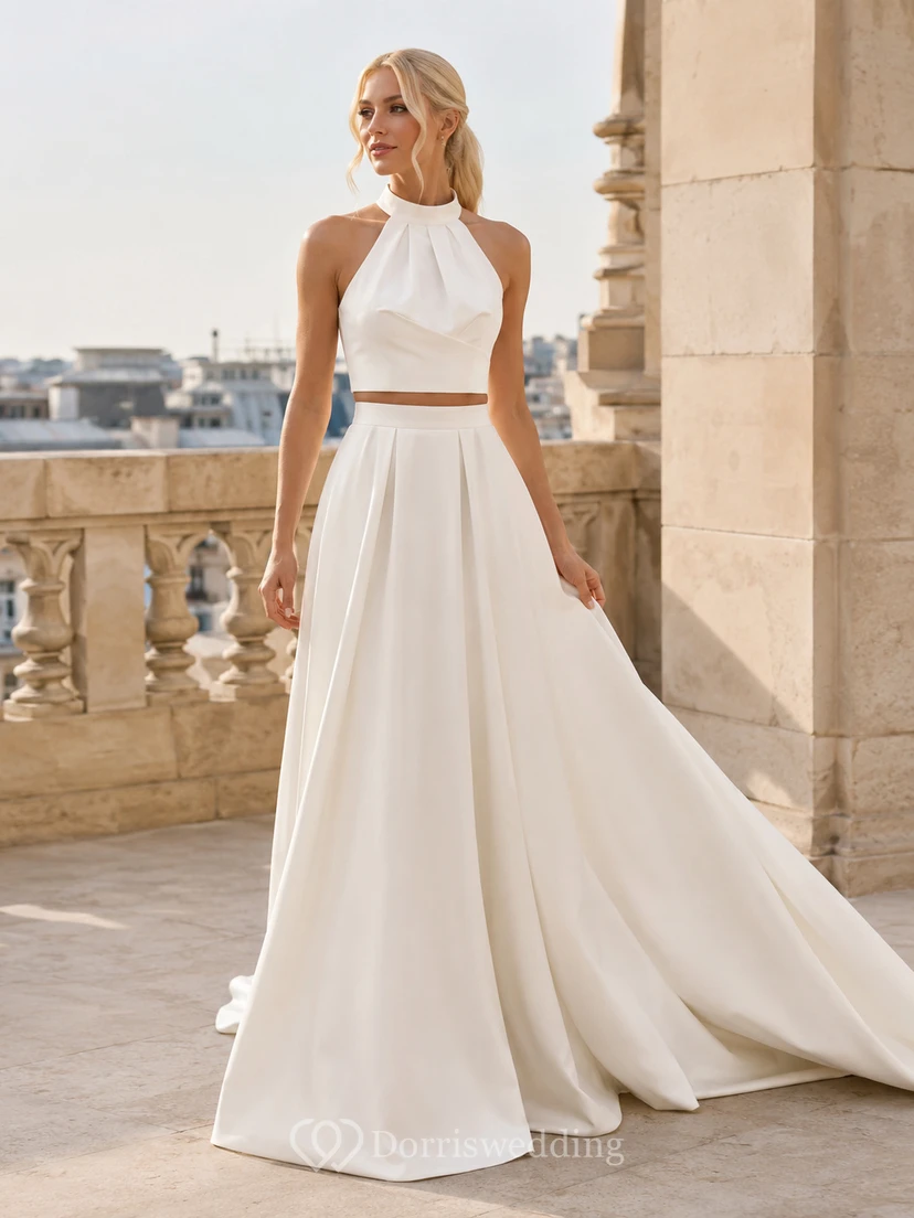 Minimal Bridal Two Piece Halter Bow Neck Backless Satin Court Train Wedding Outfit