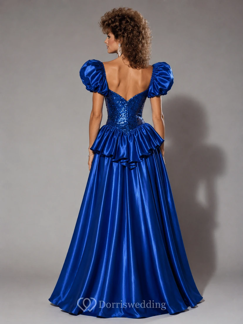 Paillettenbesetztes Ballkleid mit Herzausschnitt, kurzen Ärmeln und Schleifenfalten, bodenlang view 2