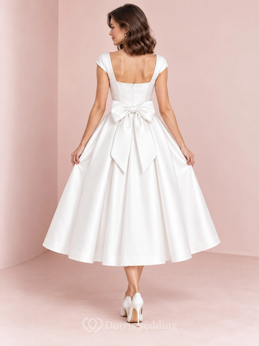 Tea-length Square Neck Cap Sleeve Satin Bow Back Bridal Dress view 2