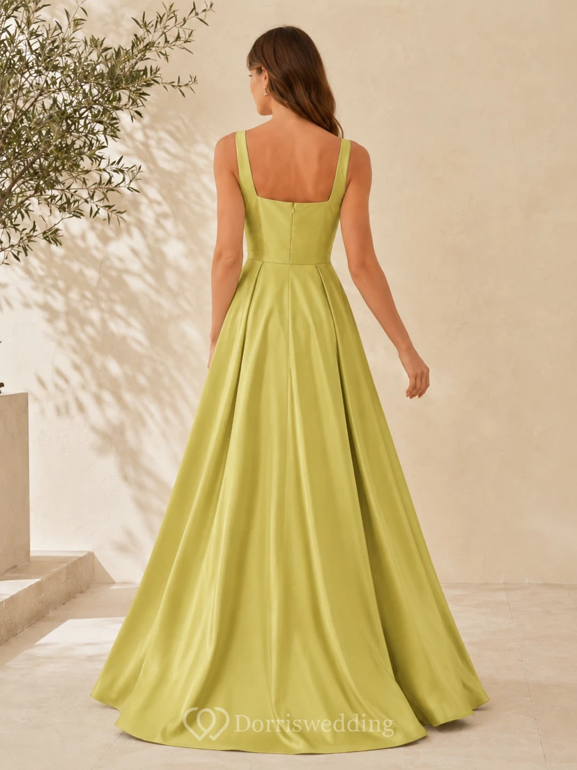 Robe de mariée vert citron à bretelles carrées en satin, coupe trapèze, longueur au sol view 2