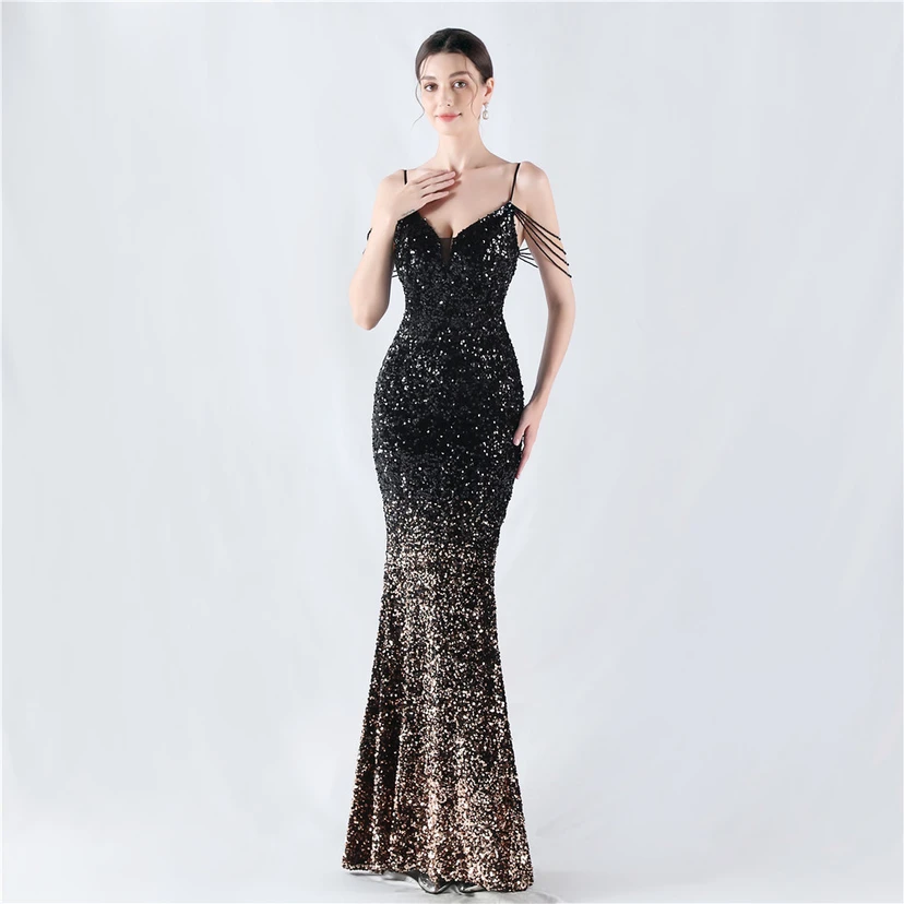 Velvet-Bottom Gradient Sequined Sexy Beaded Suspender Evening Dress view 51