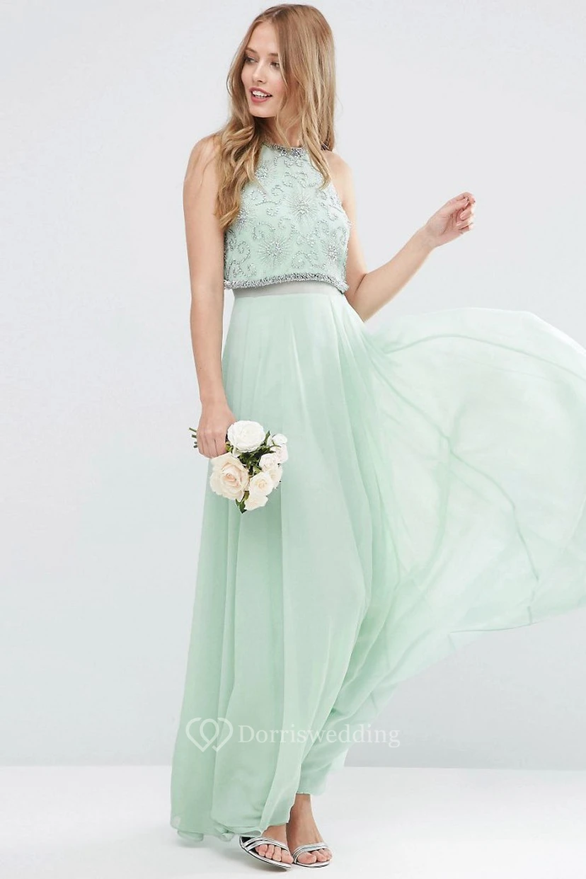 Ankle-Length Sleeveless Jewel Neck Beaded Chiffon Bridesmaid Dress With Pleats