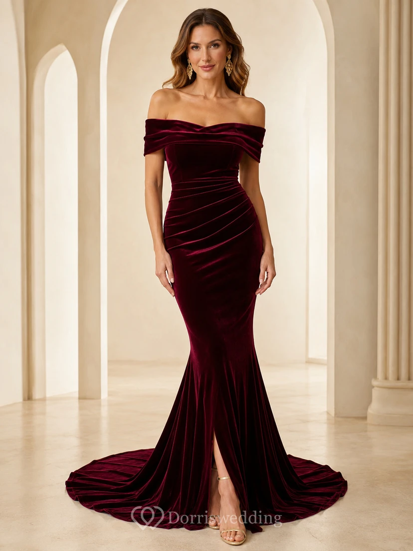Burgundy Off Shoulder Ruched Velvet Mermaid Court Train Guest Dress