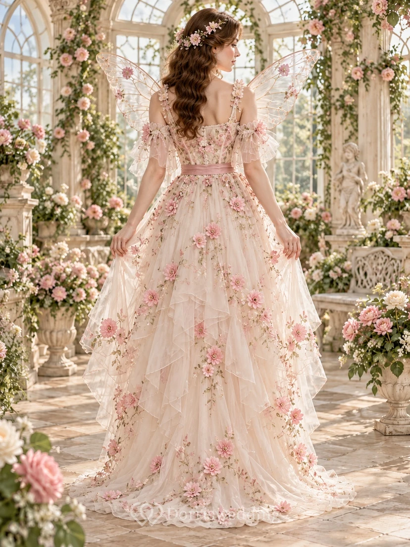 Robe de fée asymétrique à fleurs rose poudré, décolleté cœur, manches papillon superposées view 2