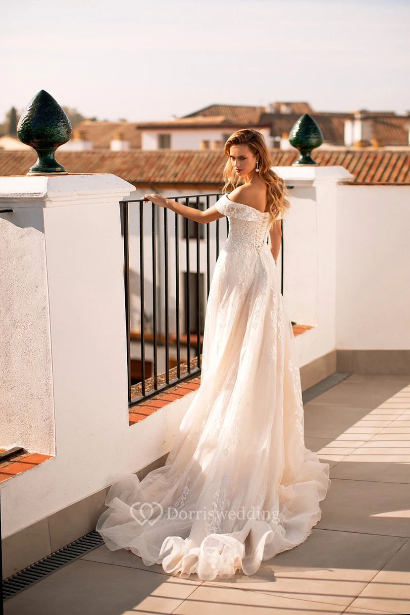 Lace Off-the-shoulder Illusion A-line Wedding Dress with Corset Back view 2