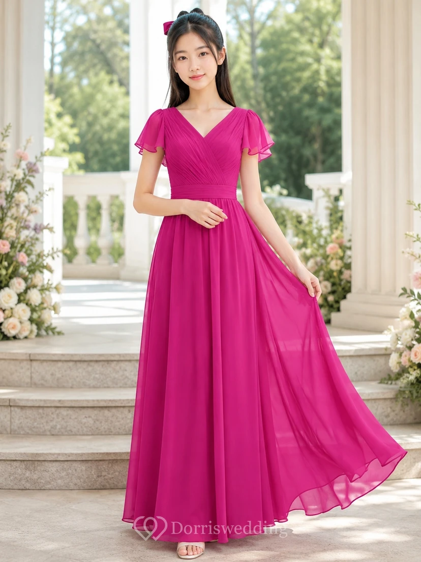 Fuchsiafarbenes Brautjungfernkleid für junge Mädchen, A-Linie, bodenlang, V-Ausschnitt, kurze Ärmel, verspielte Details, romantisch