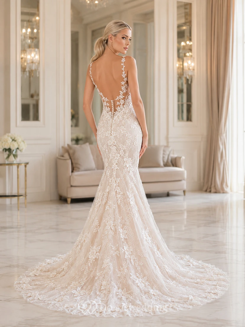 Robe de mariée sirène en dentelle à fines bretelles perlées et décolleté en V plongeant, boutons et traîne chapelle view 2