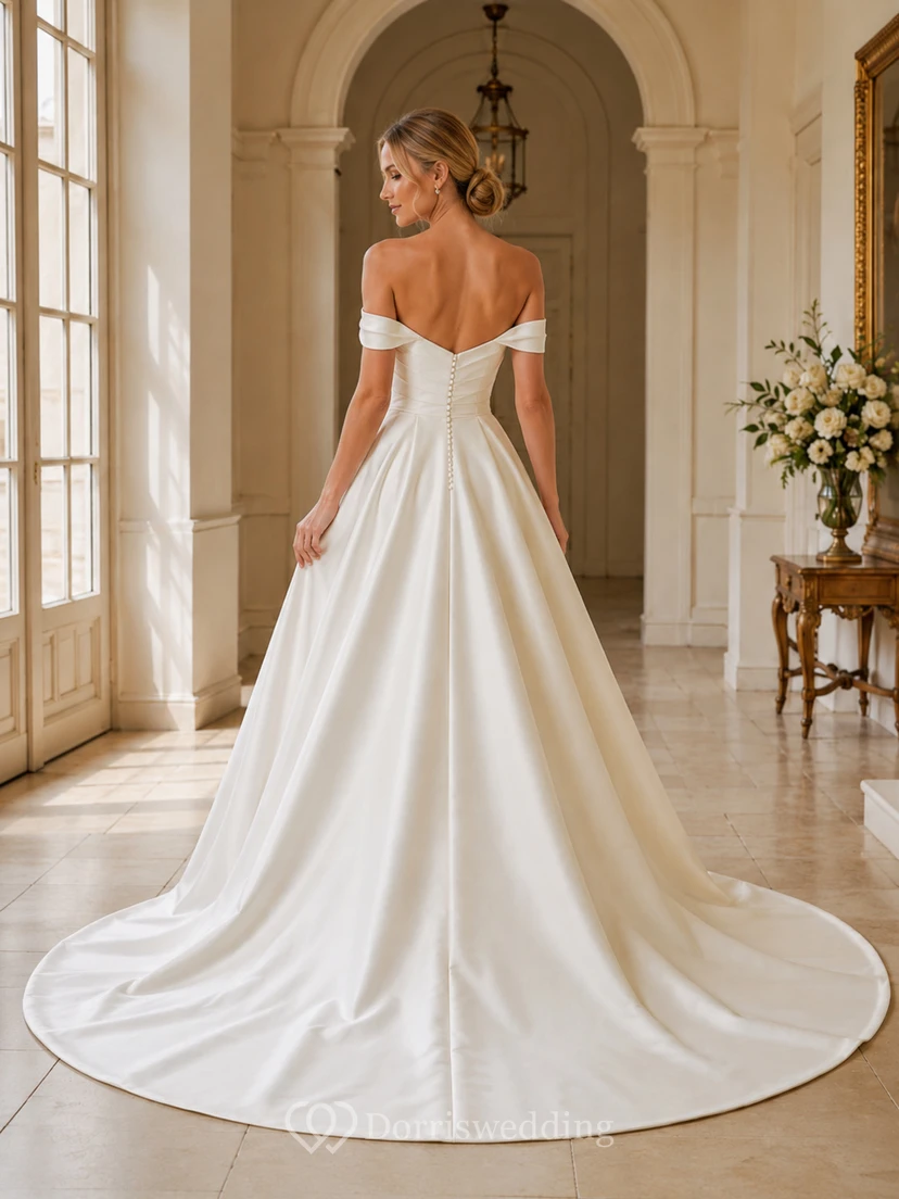 Vestido de novia de satén, estilo princesa, sin hombros, manga corta, cola de corte. view 2