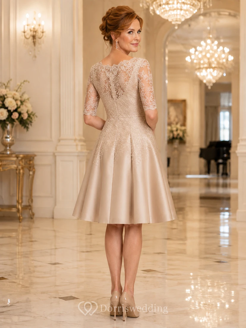 Champagne Vintage A-Line Knee-Length Mother of the Bride Cocktail Dress with Lace Bodice and Satin Skirt view 2