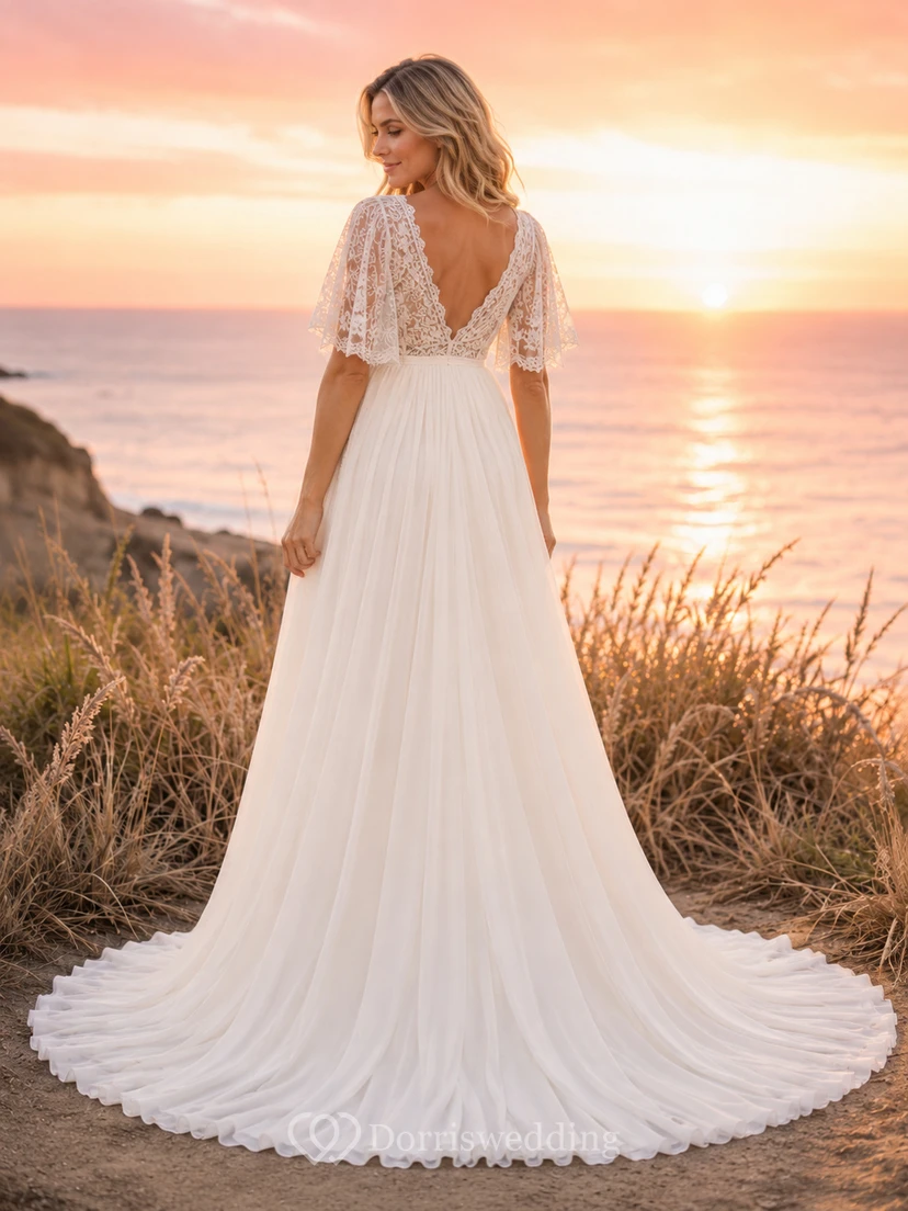 Maternity Wedding Dress V-Neck Flutter Lace Sleeve Sunset Beach Bridal Gown view 2