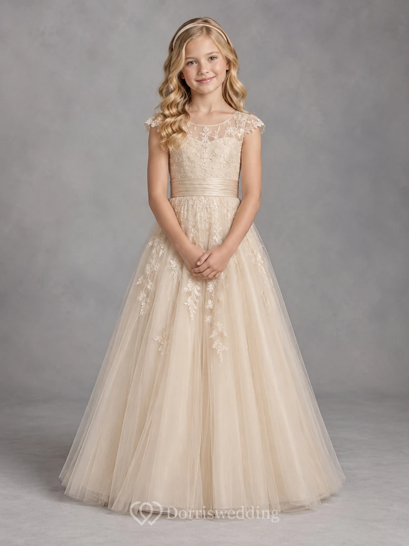 Champagnerfarbenes, geblümtes A-Linien-Kleid aus Tüll mit kurzen Ärmeln, Spitzenoberteil, bodenlang und mit Falten in der Taille – ein perfektes Blumenmädchenkleid.