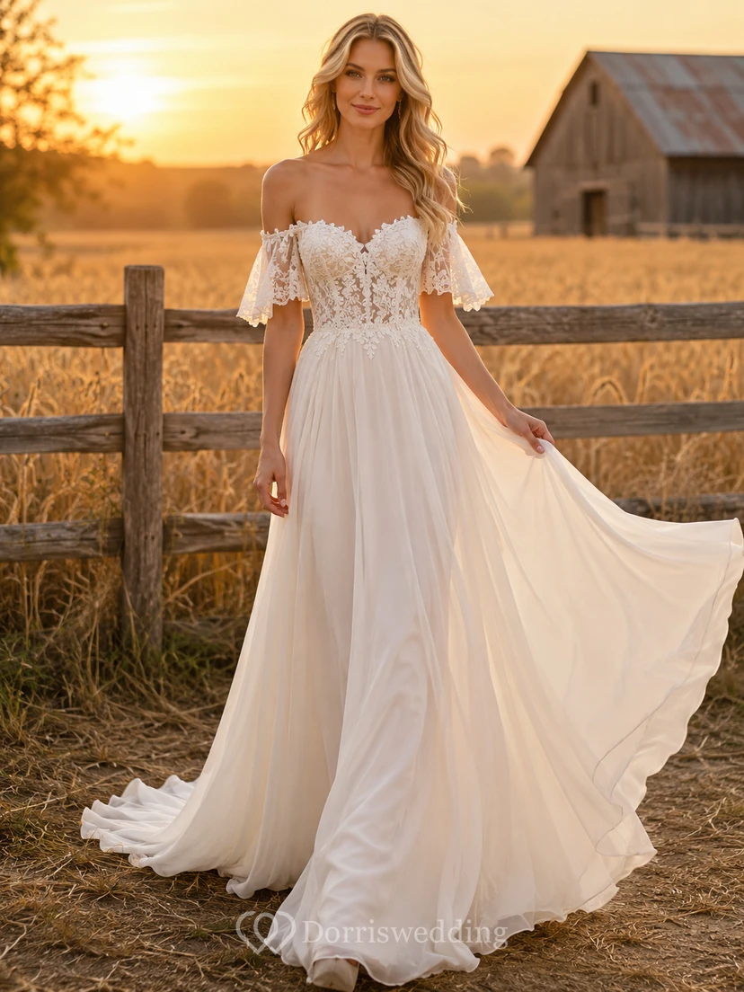 Brautkleid im Landhausstil aus Chiffon und Spitze, A-Linie, schulterfrei, kurze Ärmel, Schleppe und Schlitz