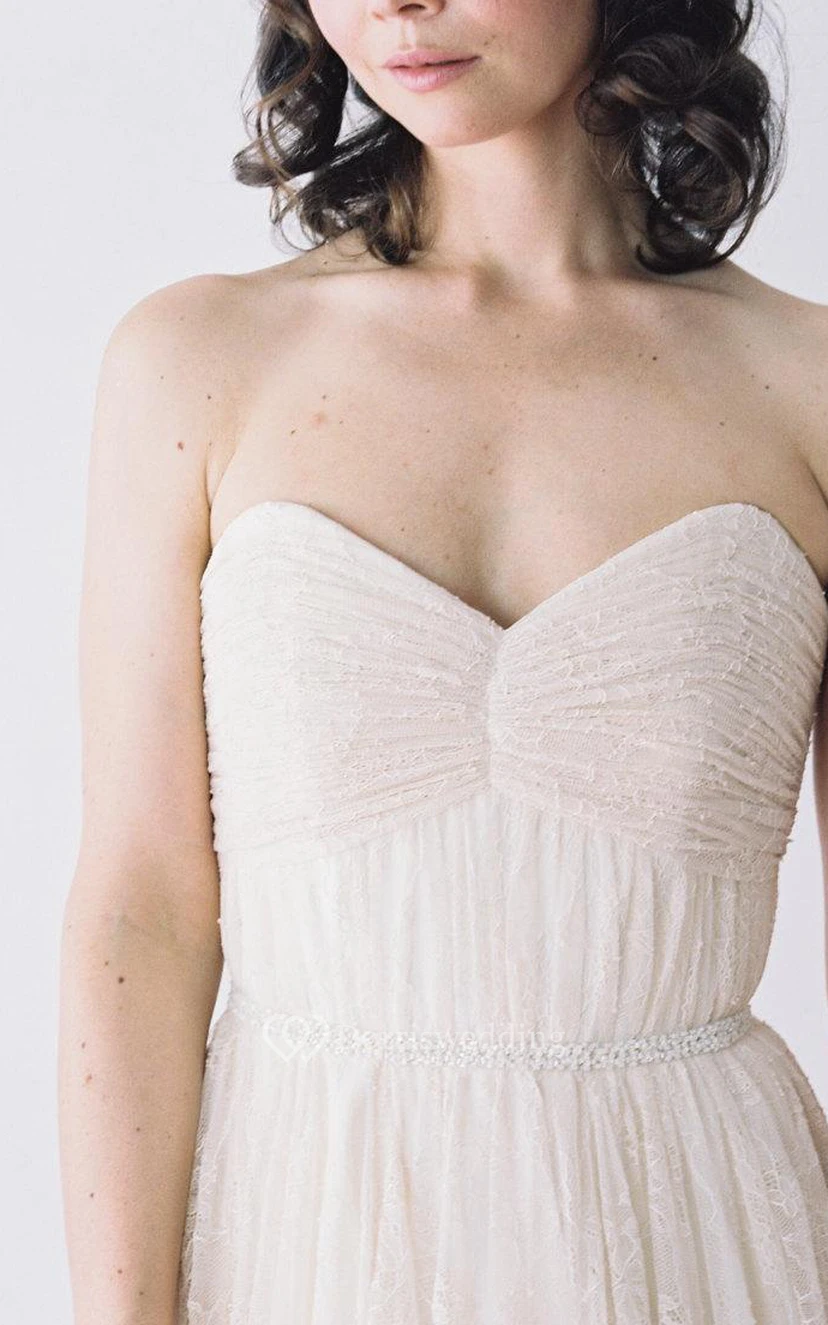 Pleated Lace Sweetheart A-Line Gown With Lace-Up Back view 5