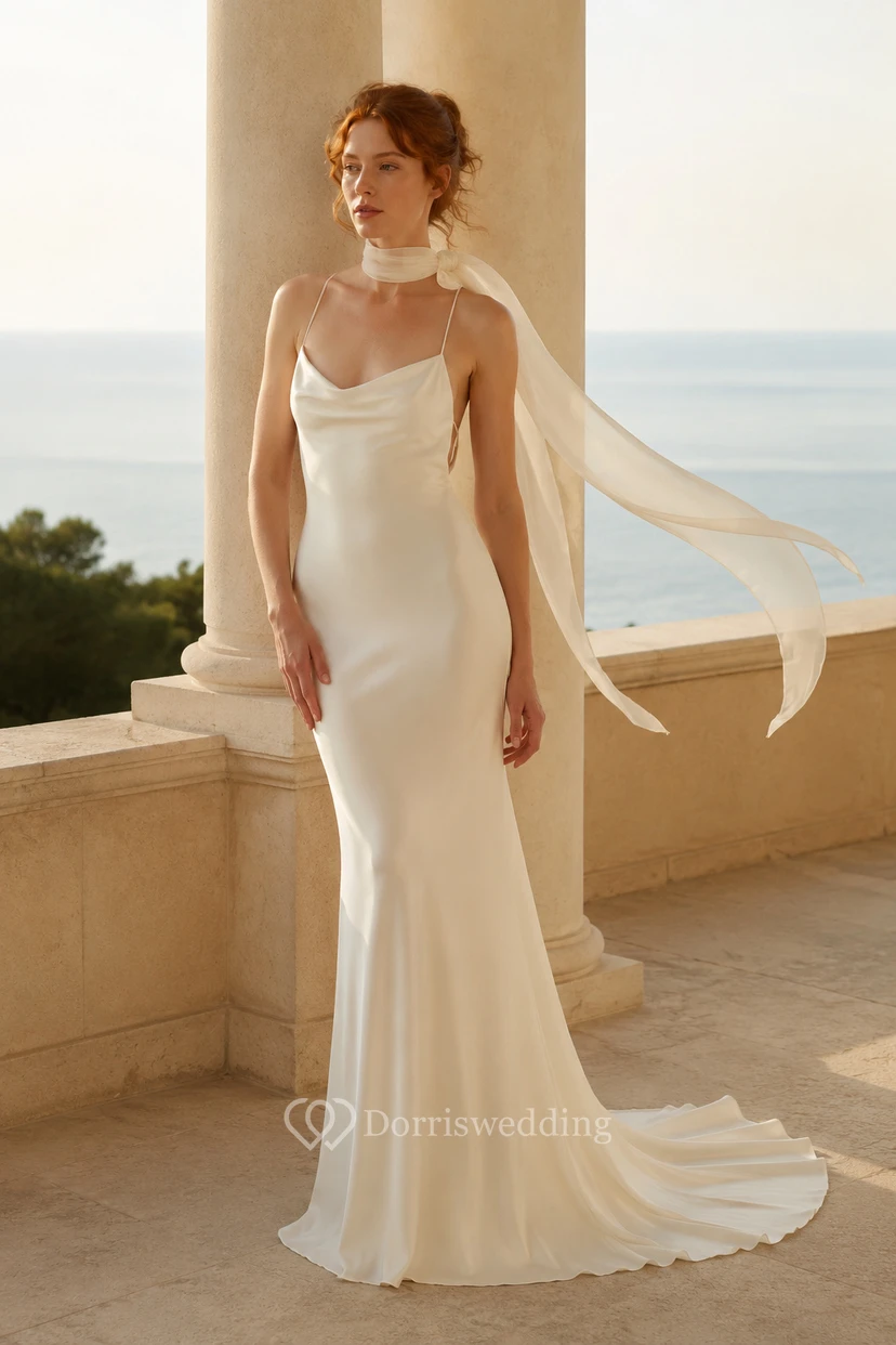 Elfenbeinfarbenes, trägerloses Brautkleid aus Satin mit Bindebändern