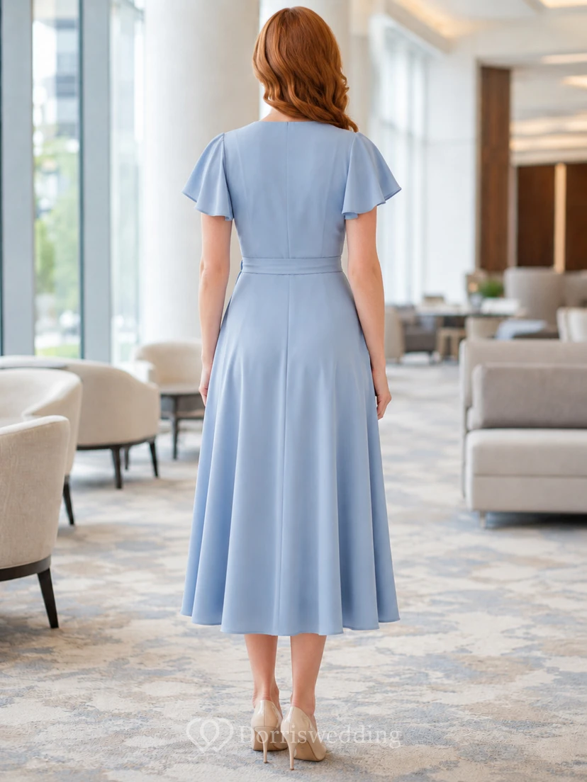Pale blue flutter sleeve V-neck wrap A-line conference dress view 2