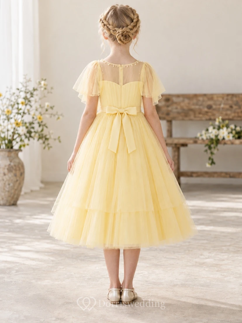 Daffodil Sweetheart Illusion Pearl Flutter Sleeve Pleated Tea-length A-Line Tiered Tulle Bow Flowergirl Dress view 2