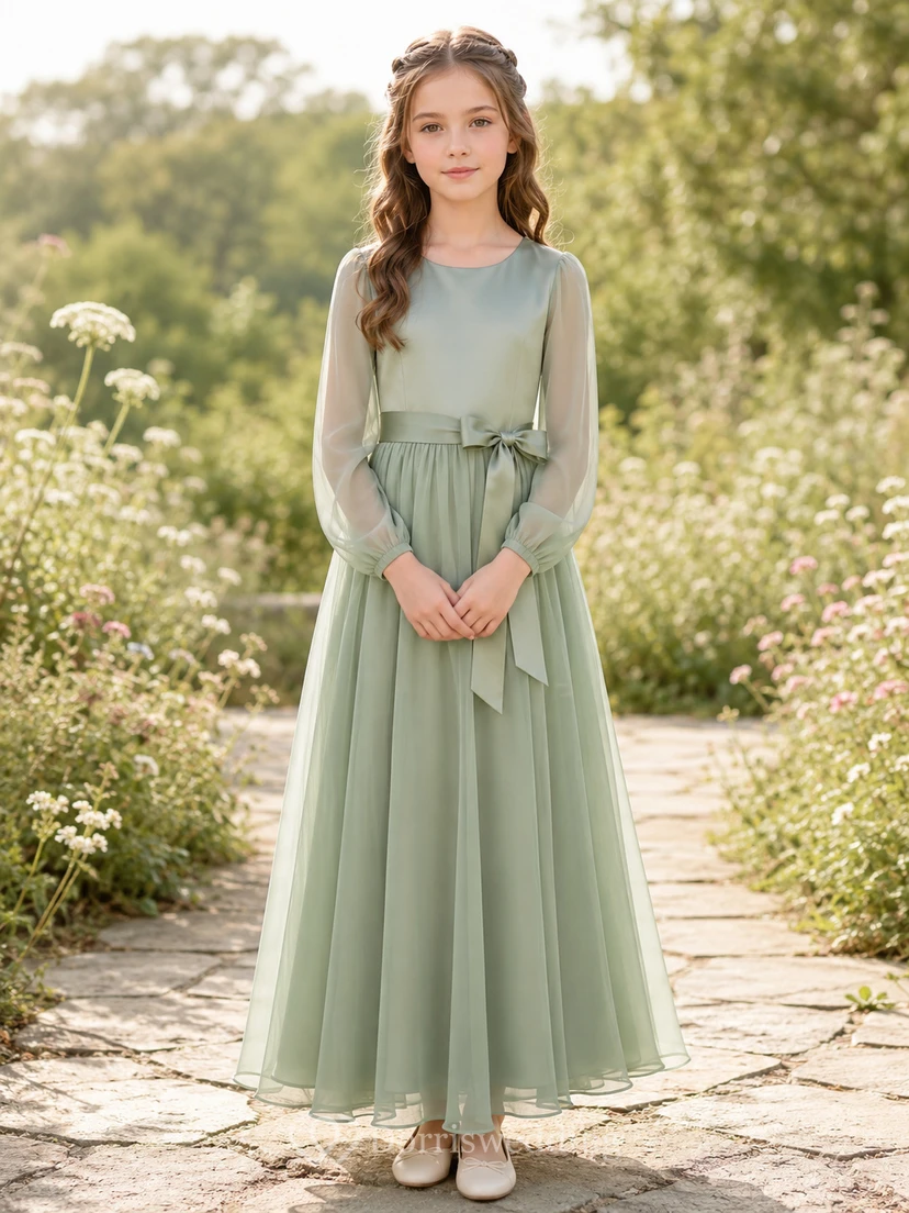 Flower Girl Dress A-Line Celadon Modest Long Sleeve Tulle Bow Garden