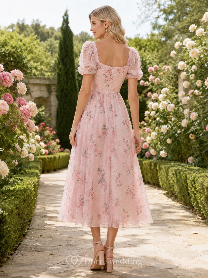 Romantisches Chiffon-Gästekleid in Rosé-Rosé-Optik, A-Linie, Teelänge, eckig, Kurzarm view 2