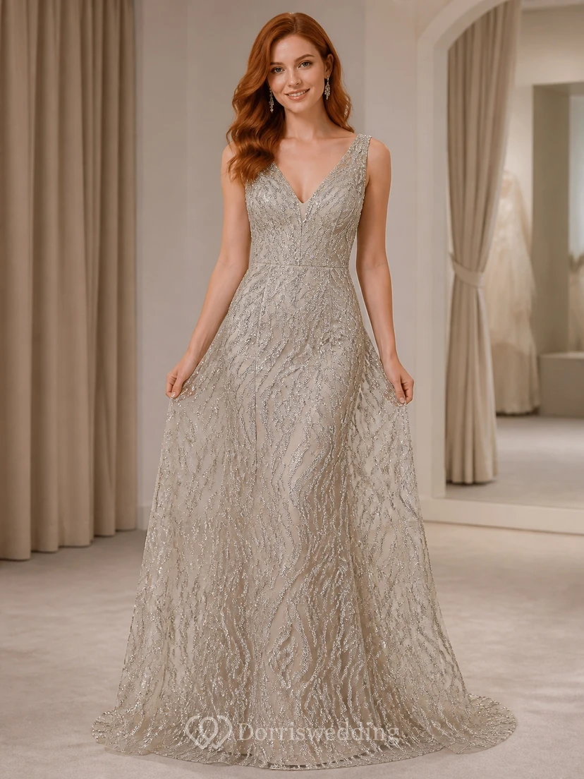Luxury Silver A-Line V-neck Beaded Lace Floor-length Evening Gown