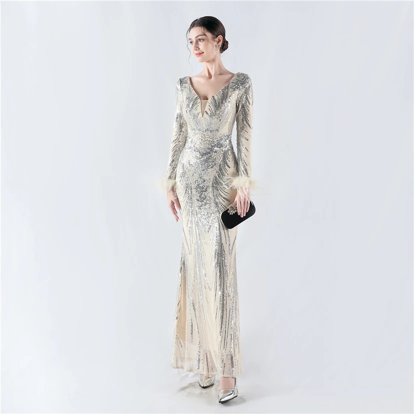 Robe de soirée haut de gamme ornée de perles florales fixes et de poils d'autruche, hôte de la réunion annuelle d'hiver view 5