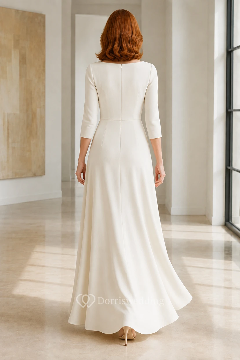 Abendkleid aus elfenbeinfarbenem Chiffon-Jersey, A-Linie, U-Boot-Ausschnitt, 3/4-Ärmel, bodenlang view 2