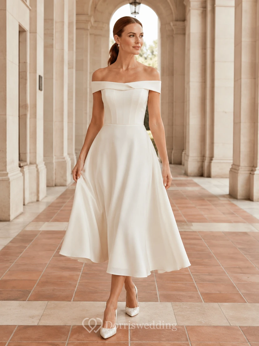Robe de mariée vintage western à épaules dénudées, manches courtes, en satin, coupe trapèze, longueur thé, idéale pour un mariage à la mairie
