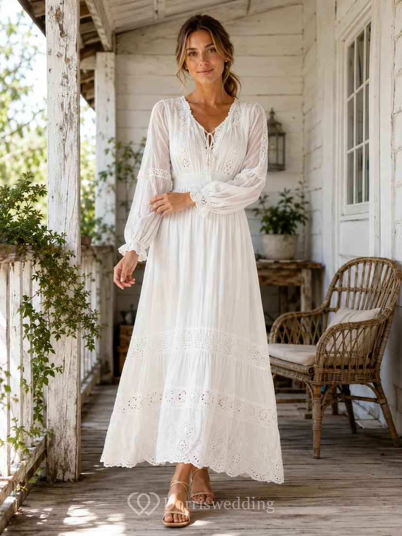 White Lace V-Neck Long-Sleeve Empire Bohemian Floor-Length Dress