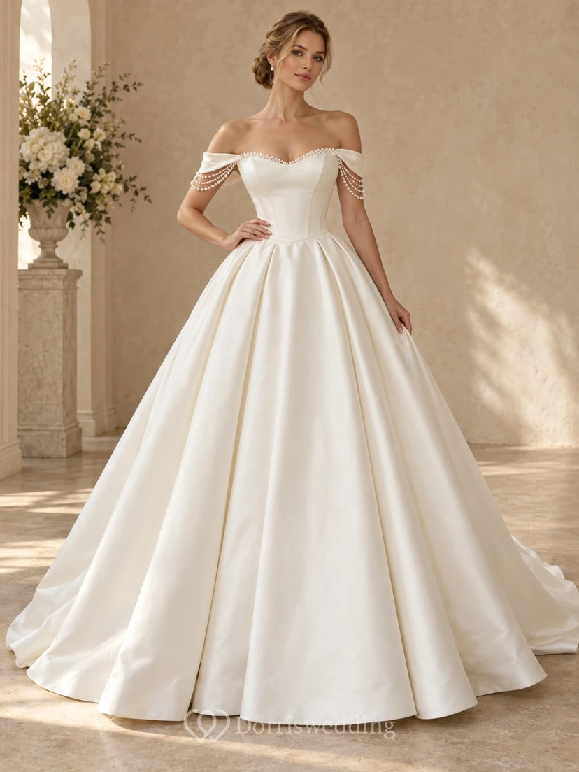 Off Shoulder Sweetheart Pearl Draped Satin Pleated Full Skirt Romantic Wedding Dress
