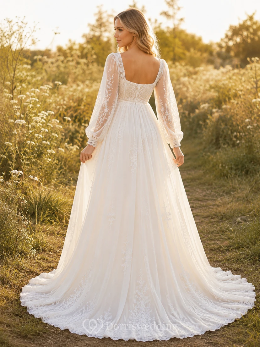Maternity Wedding Dress Square Neck Long Lace Sleeve A-Line Gown with Soft Train view 2