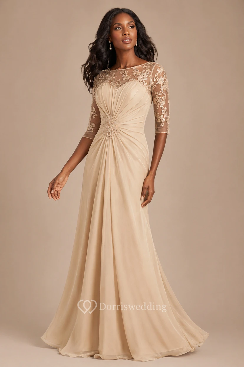 Half-Sleeved A-Line Long Mother Of The Bride Dress With Keyhole Back And Appliques view 10