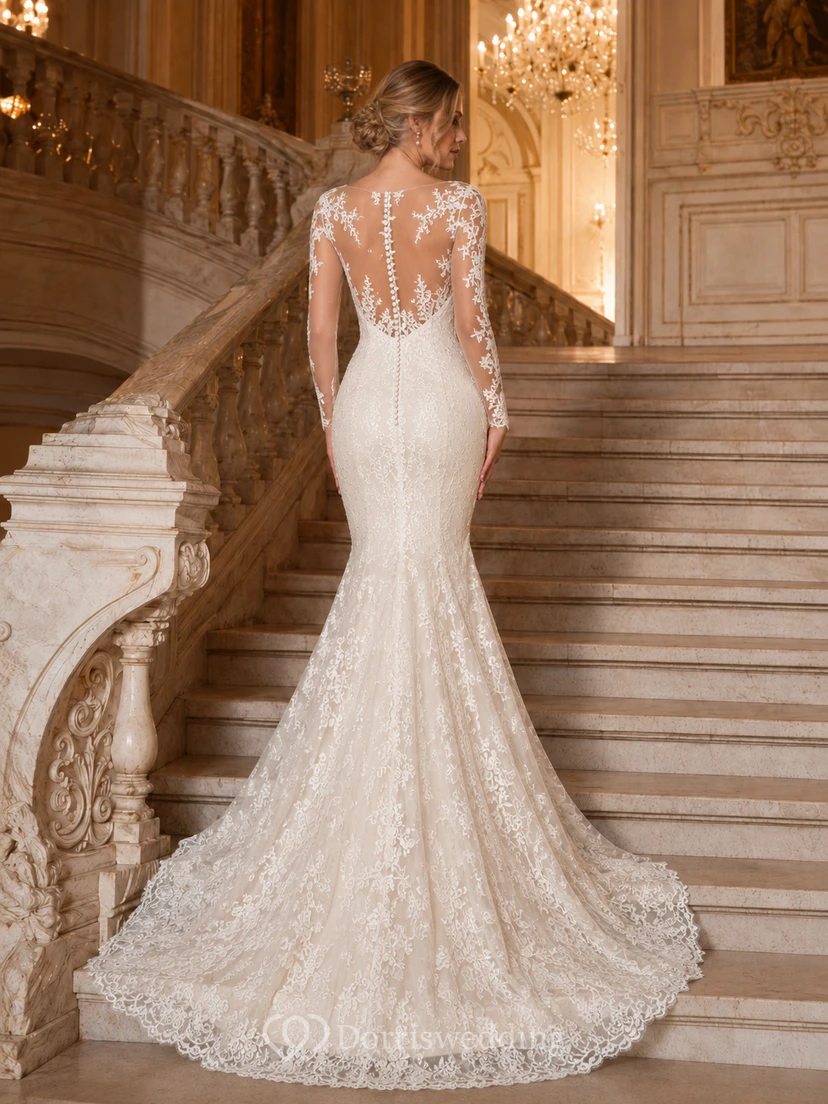 Langärmeliges Meerjungfrauen-Brautkleid aus Illusionsspitze view 2
