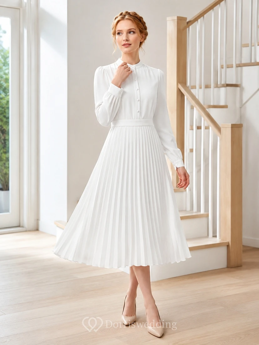 White Chiffon High Neck Long Sleeve Pleated Tea-Length Modest A-Line Dress